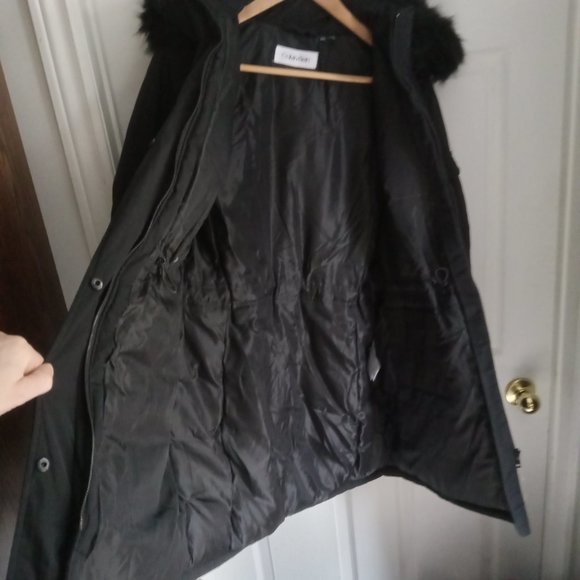 Mint! Calvin Klein Faux Fur Trimmed Down Parka Jacket Black Size Medium - READ - Picture 8 of 9